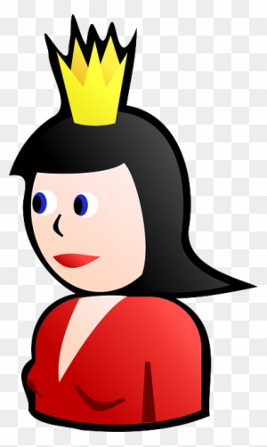 Cartoon queen with yellow crown, black hair, red dress, and friendly expression.