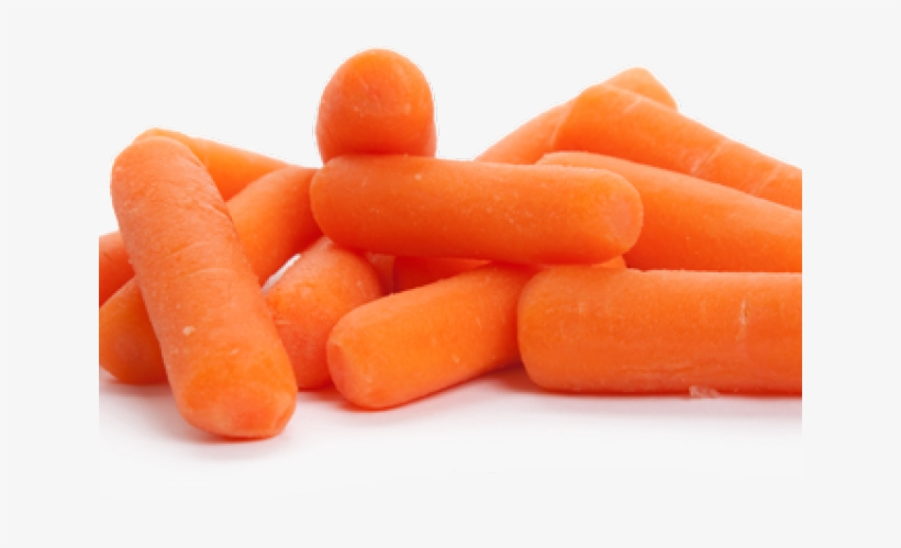 Fresh baby carrots piled on a white background, vibrant orange and smooth-textured.