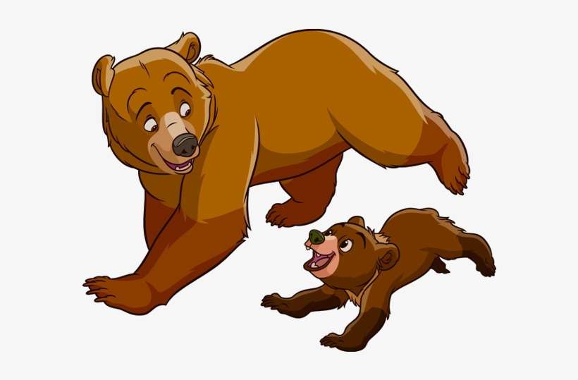 A cheerful adult brown bear and a playful cub running together on a white background.