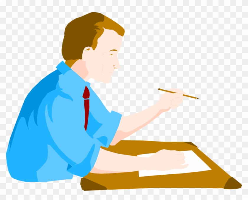 Man in blue shirt and red tie writing with pencil at wooden desk, side profile view.