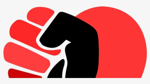 Black raised fist with red knuckles and a red sun backdrop, symbolizing solidarity and resistance.