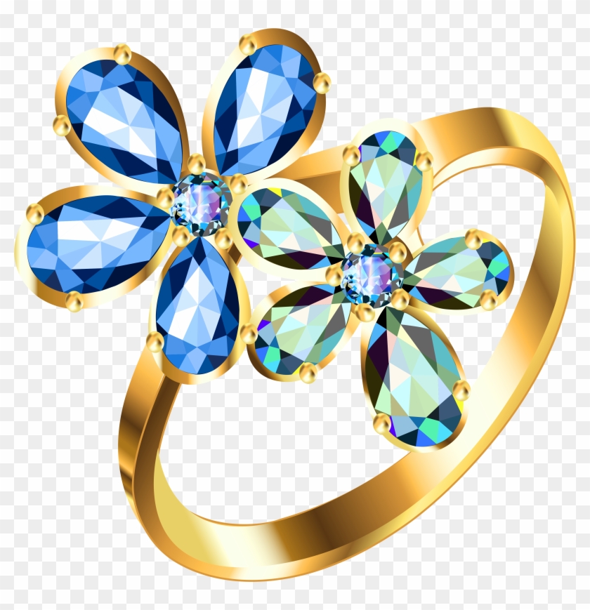 Gold ring with two floral motifs set with blue and multicolor teardrop gemstones and central round accents.