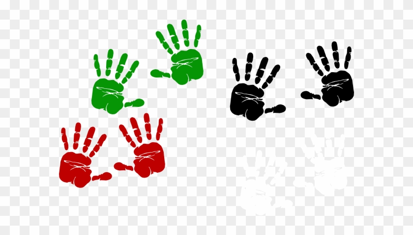 Six stylized handprints in red, green, and black on transparent background, evoking unity, diversity, or activism themes.