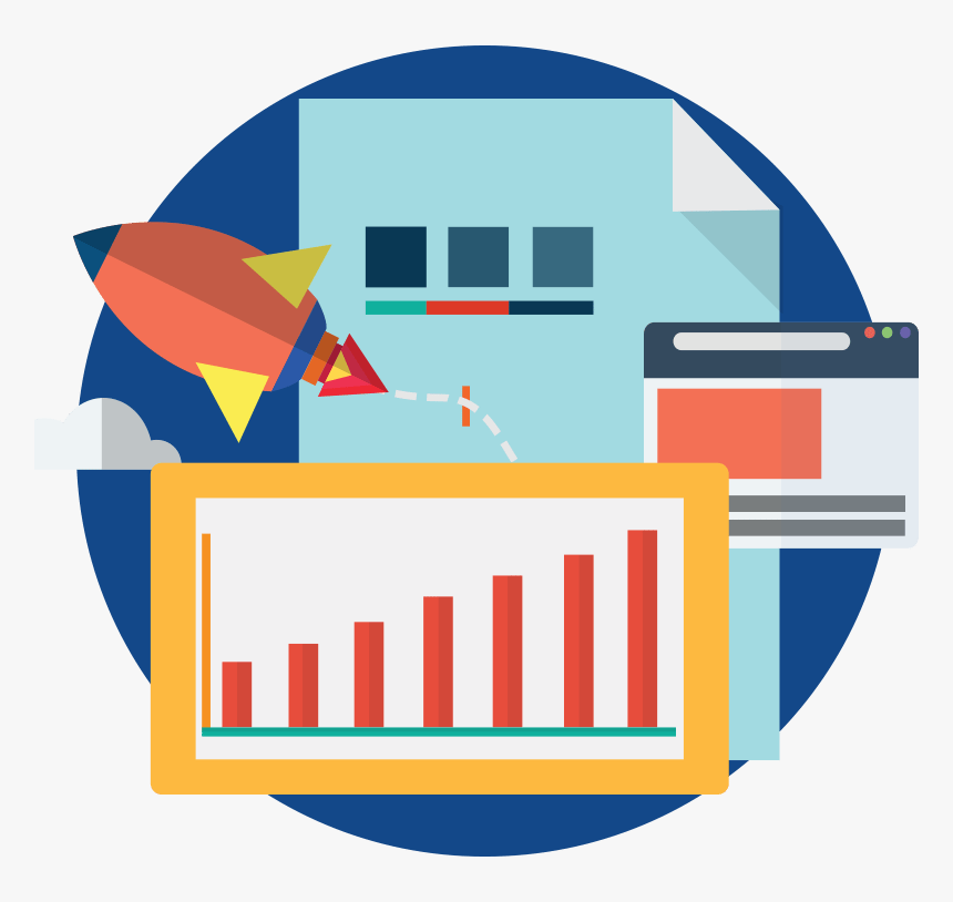 Rocket launching toward data dashboard with bar chart, webpage, and document icons-symbolizing digital growth and analytics.