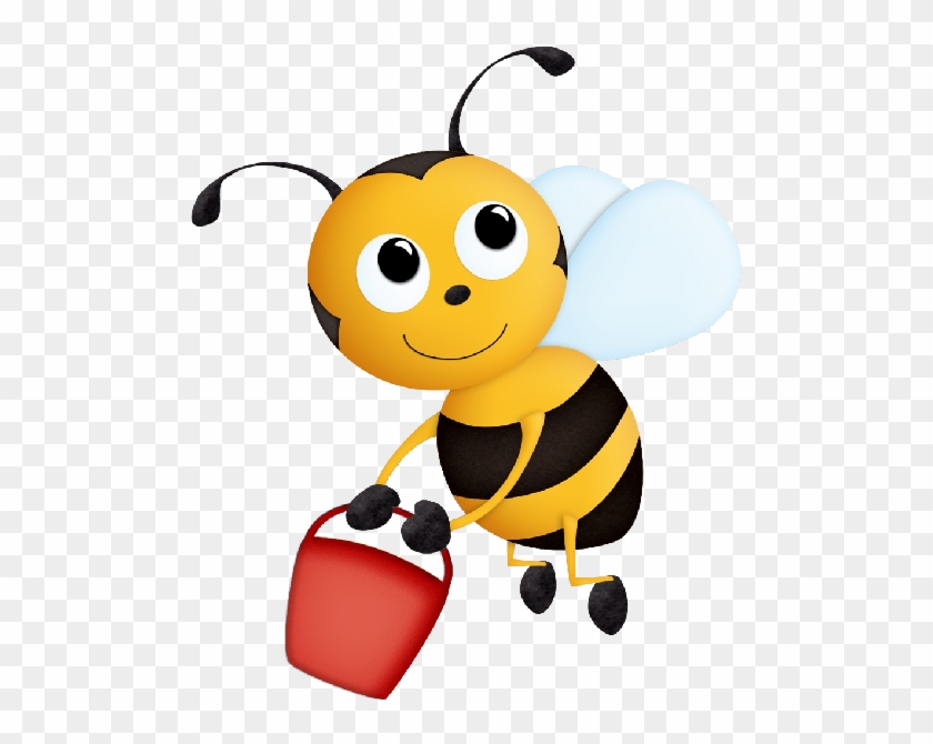 Cheerful cartoon bee with yellow-and-black stripes, big eyes, and a red bucket, flying with translucent wings.