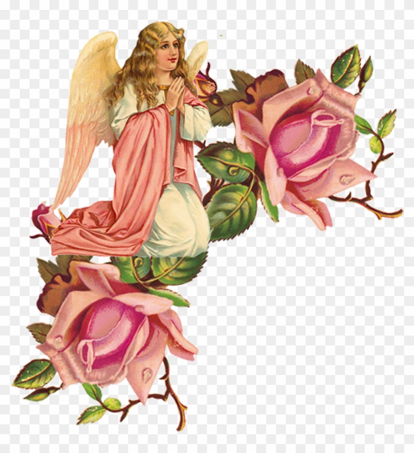 Vintage angel with golden wings and pink roses, hands clasped in prayer, surrounded by lush greenery.