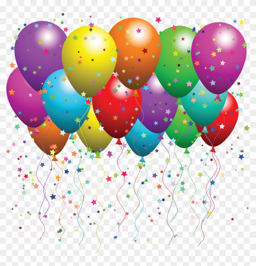Colorful party balloons with star confetti and streamers on transparent background.