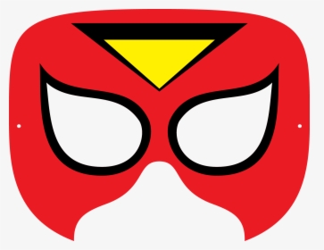 Red superhero mask with yellow triangle forehead emblem and white eye cutouts.