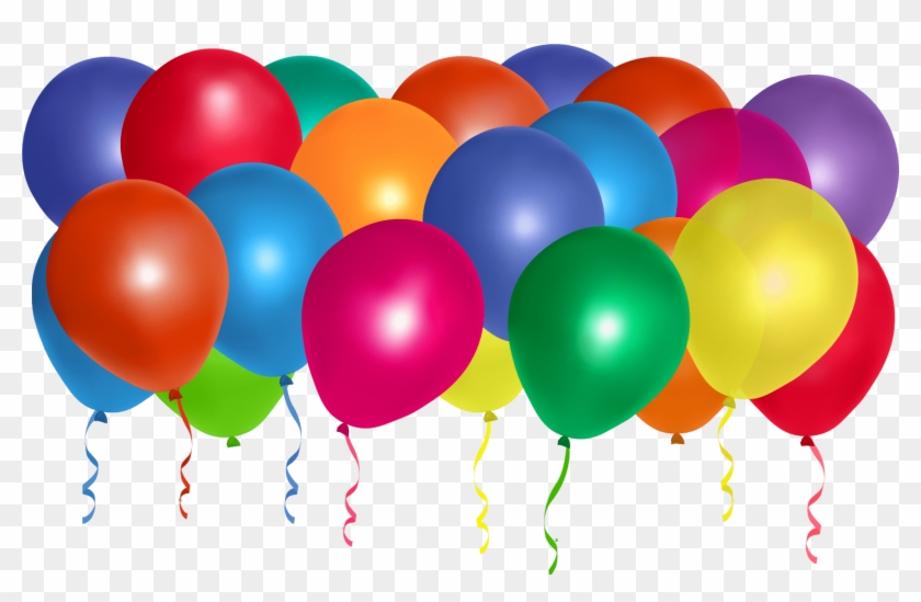 Colorful glossy balloons in red, blue, green, yellow, orange, pink, and purple with curly ribbons, clustered together on transparent background.