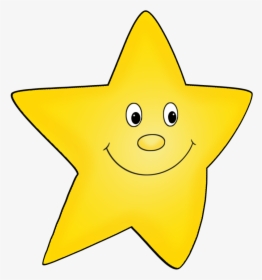 Cheerful yellow five-pointed star with smiling face, big eyes, and rounded nose on white background.