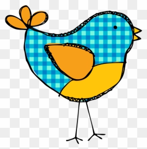 Hand-drawn cartoon bird with blue gingham body, orange wing and tail, yellow belly, and black outline on transparent background.