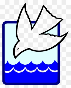 White dove flying over blue water within a rectangular frame, symbolizing peace and baptism.
