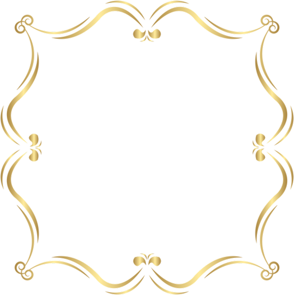 Elegant gold ornamental frame with swirling flourishes and symmetrical decorative motifs on black background.