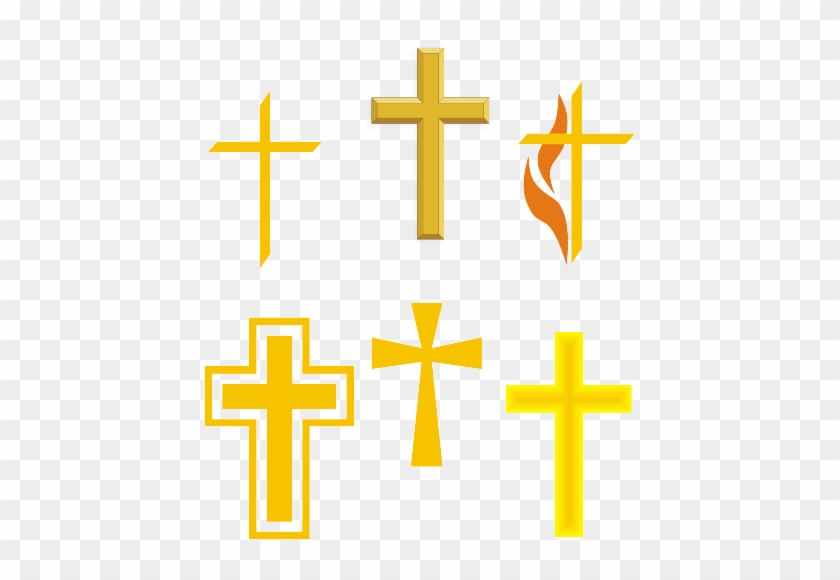 Six golden Christian cross variants including plain, outlined, and flame-adorned designs on transparent background.