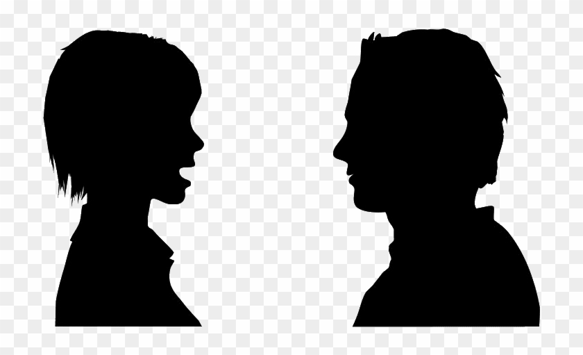 Silhouette of two people facing each other in profile, engaged in conversation or dialogue.