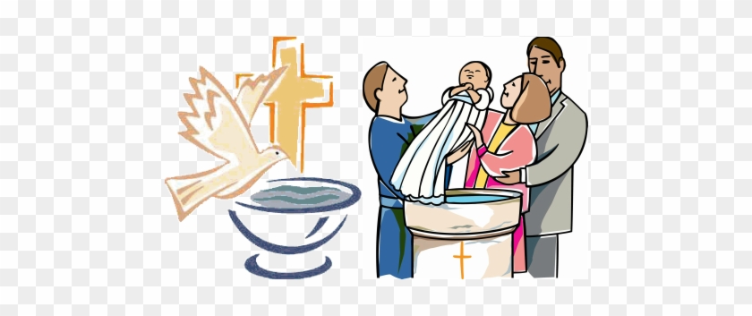 A baptism scene with a priest pouring water over a baby held by parents, a dove, and a cross above a baptismal font.