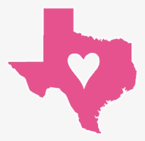 Pink silhouette of Texas state outline with a white heart in the center.
