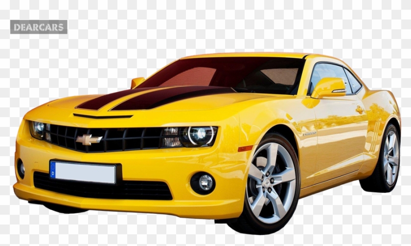 Bright yellow 2010-2015 Chevrolet Camaro SS with black racing stripes, front three-quarter view on transparent background.