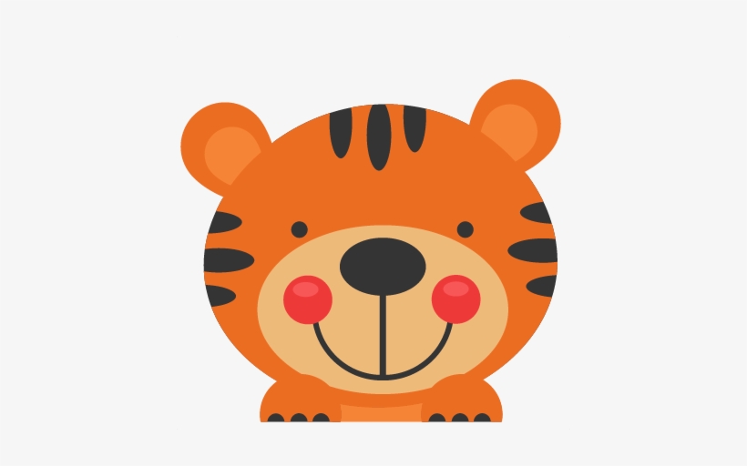 Cute cartoon tiger with orange fur, black stripes, rosy cheeks, and a smiling face.