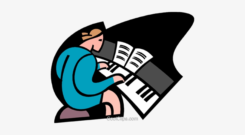 Stylized illustration of a person playing a grand piano with sheet music open, wearing a teal top and seated at the keyboard.
