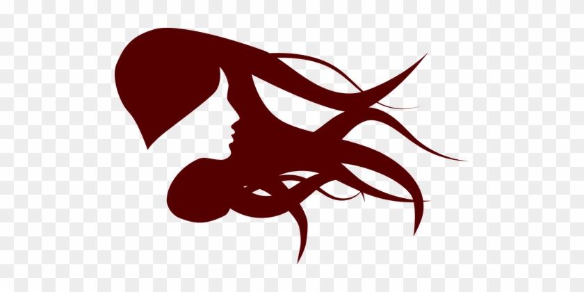 Silhouette of a woman’s profile with flowing hair merging into abstract organic shapes, in deep maroon on transparent background.