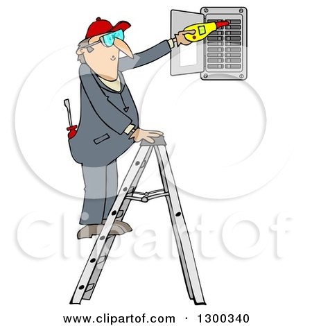 Cartoon electrician on ladder using voltage tester on circuit breaker panel.
