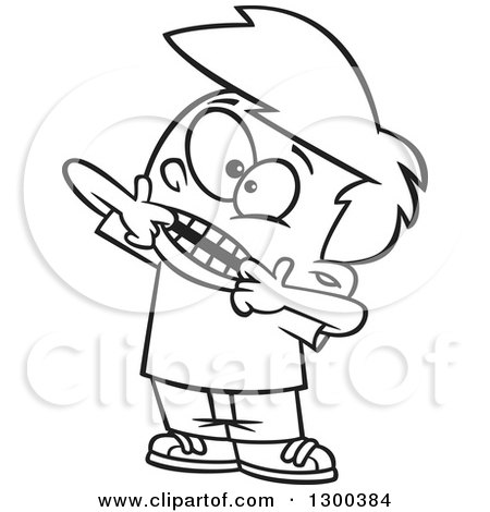 Cartoon boy with spiky hair pointing excitedly while holding a toothbrush, smiling widely.