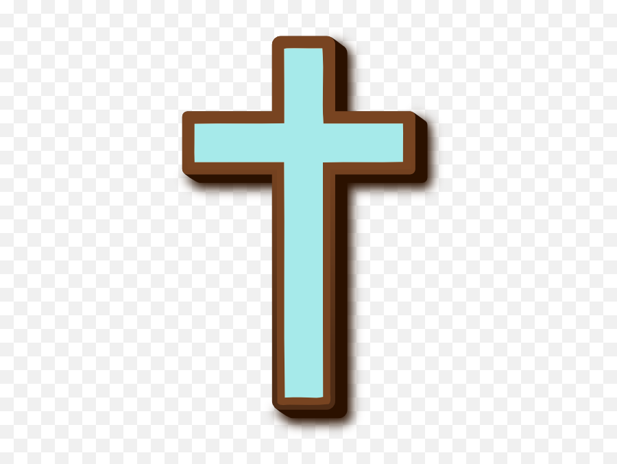 Light blue Christian cross with brown border and shadow on transparent background.