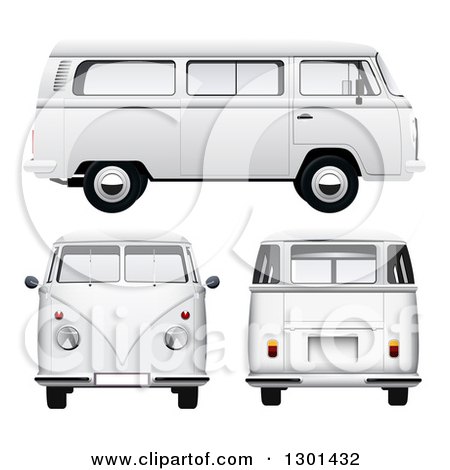 White vintage van shown in side, front, and rear views on white background.