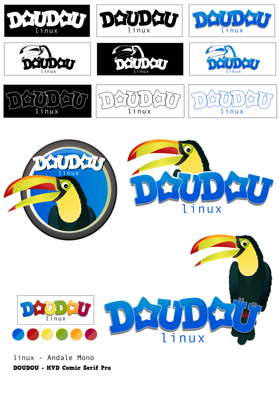 Collection of Doudou Linux logo variations featuring toucan mascot and stylized text in multiple color schemes and layouts.