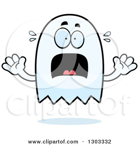 Cartoon ghost with wide eyes, open mouth, and raised hands showing fear or shock.