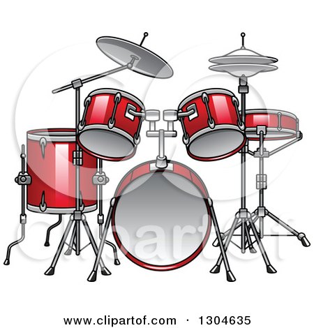 Red drum set with bass drum, snare, toms, hi-hat, and crash cymbal on white background.