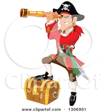 Cartoon pirate in red coat and tricorn hat peers through golden spyglass, one foot on treasure chest.