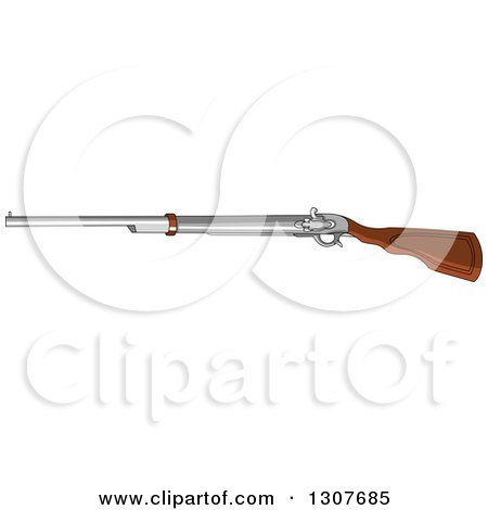 Vintage flintlock rifle with wooden stock and metal barrel, side view on white background.