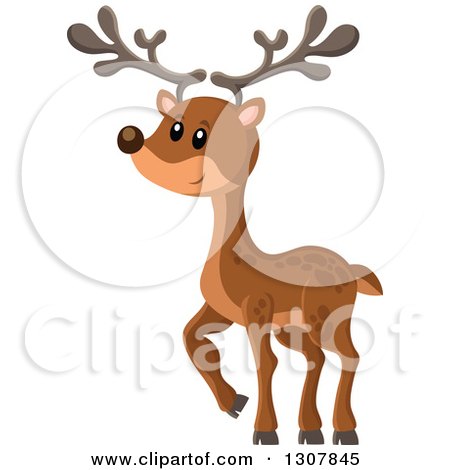 Cute cartoon reindeer with large antlers, brown spotted fur, and a friendly smile, standing on white background.