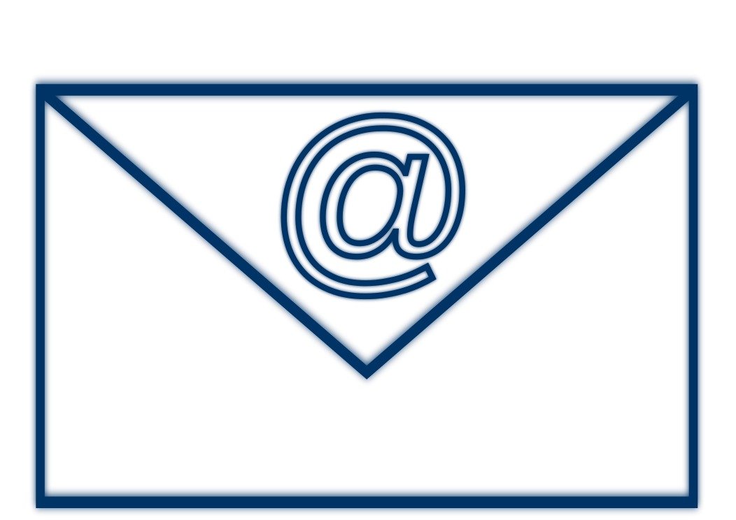 Blue outline of an envelope with a centered @ symbol, representing email communication.