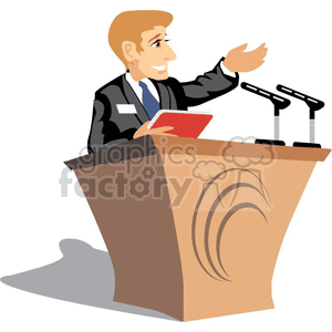 Businessman giving a speech at a podium with microphones and notes, smiling confidently.