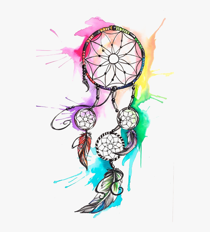 Vibrant watercolor dreamcatcher with rainbow beads, feathers, and geometric web patterns.