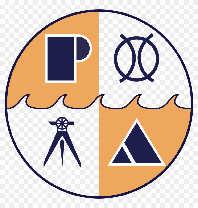 Circular logo divided into four quadrants with symbols: cup, infinity-like loops, surveyor’s tripod, and tent-suggesting outdoor adventure and exploration.