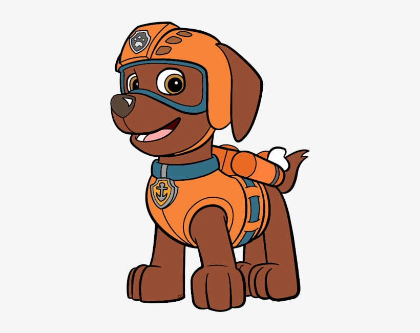 Zuma from Paw Patrol in orange rescue gear, smiling and ready for action.