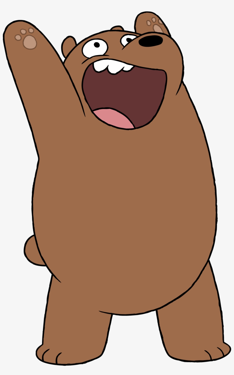 Grizzly bear character from "We Bare Bears" cheering with one arm raised and mouth wide open in excitement.