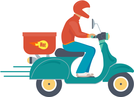 Delivery rider on teal scooter with "Hot" food box, wearing red helmet and jacket, in motion.