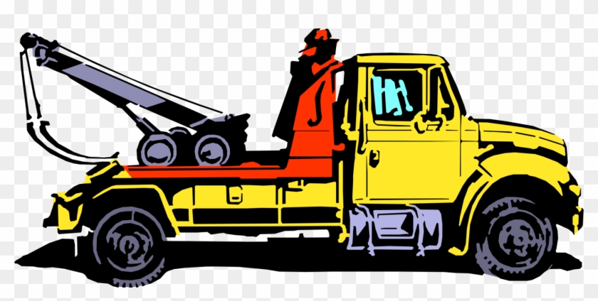 Yellow tow truck with crane arm and driver in red coat, stylized vector illustration on transparent background.