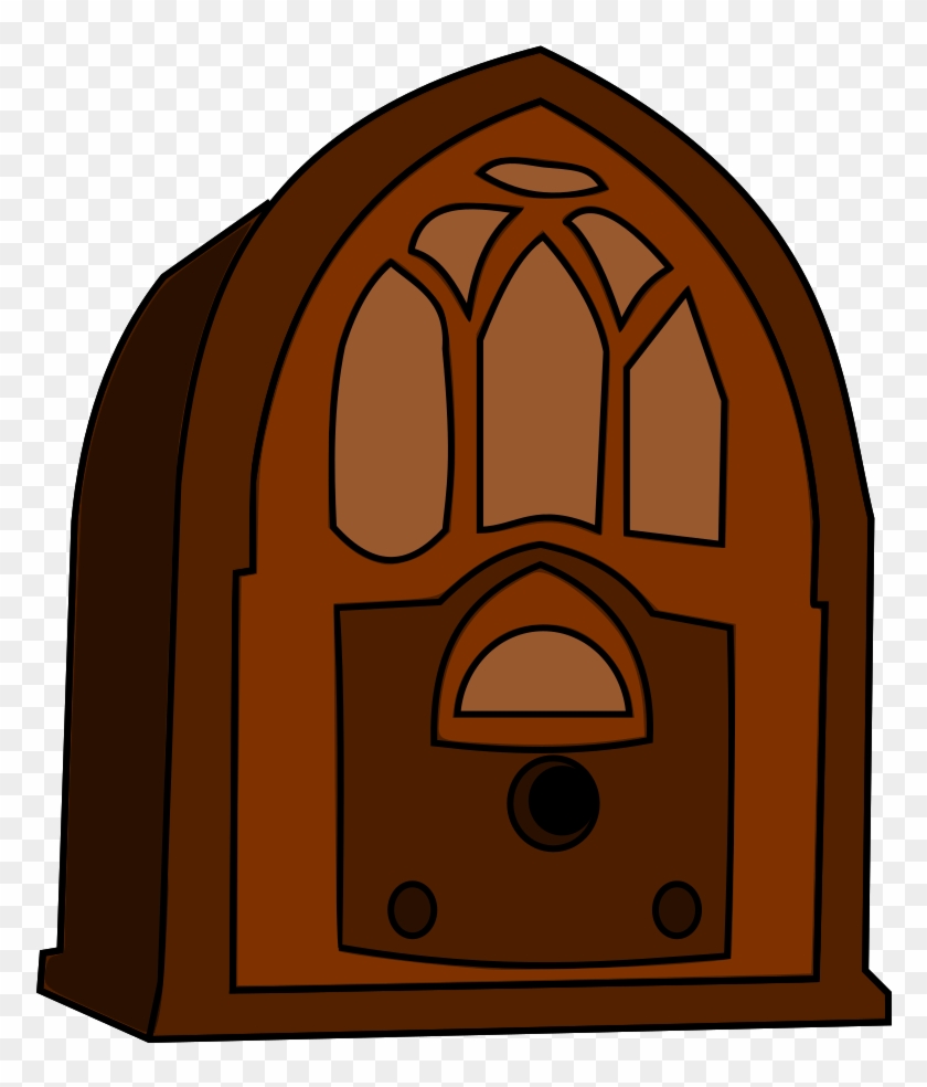 Vintage brown wooden radio with Gothic arched design and ornate speaker grille.