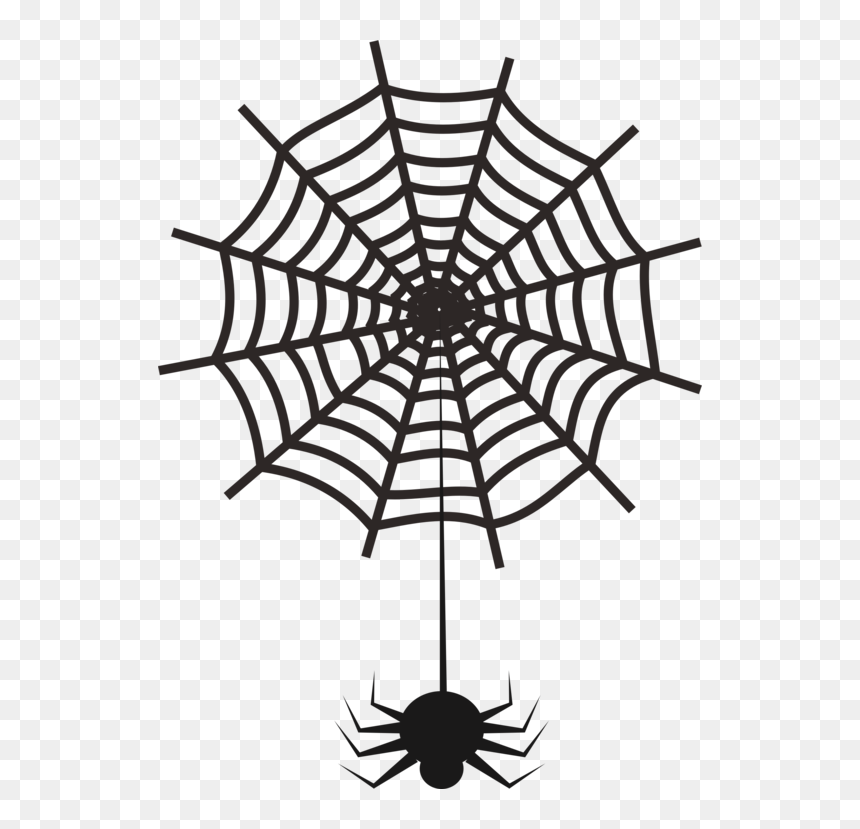 Black spider hanging from a classic orb web on transparent background, Halloween-themed vector illustration.