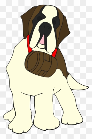 Saint Bernard dog holding a wooden barrel in its mouth, cartoon style illustration.