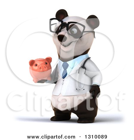 A cartoon panda wearing glasses and a doctor’s coat holds a pink piggy bank.
