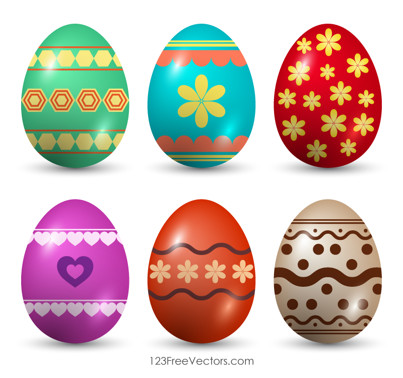 Six colorful decorated Easter eggs with floral, geometric, and heart patterns on white background.