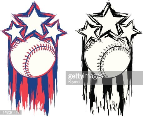Two stylized baseball emblems with star bursts and dripping paint effects-red/blue and black/white versions.