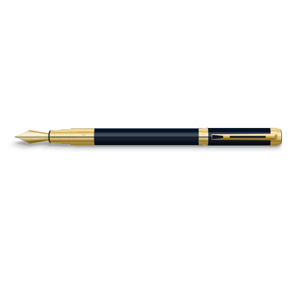 Elegant navy blue fountain pen with gold nib, trim, and clip against black background.